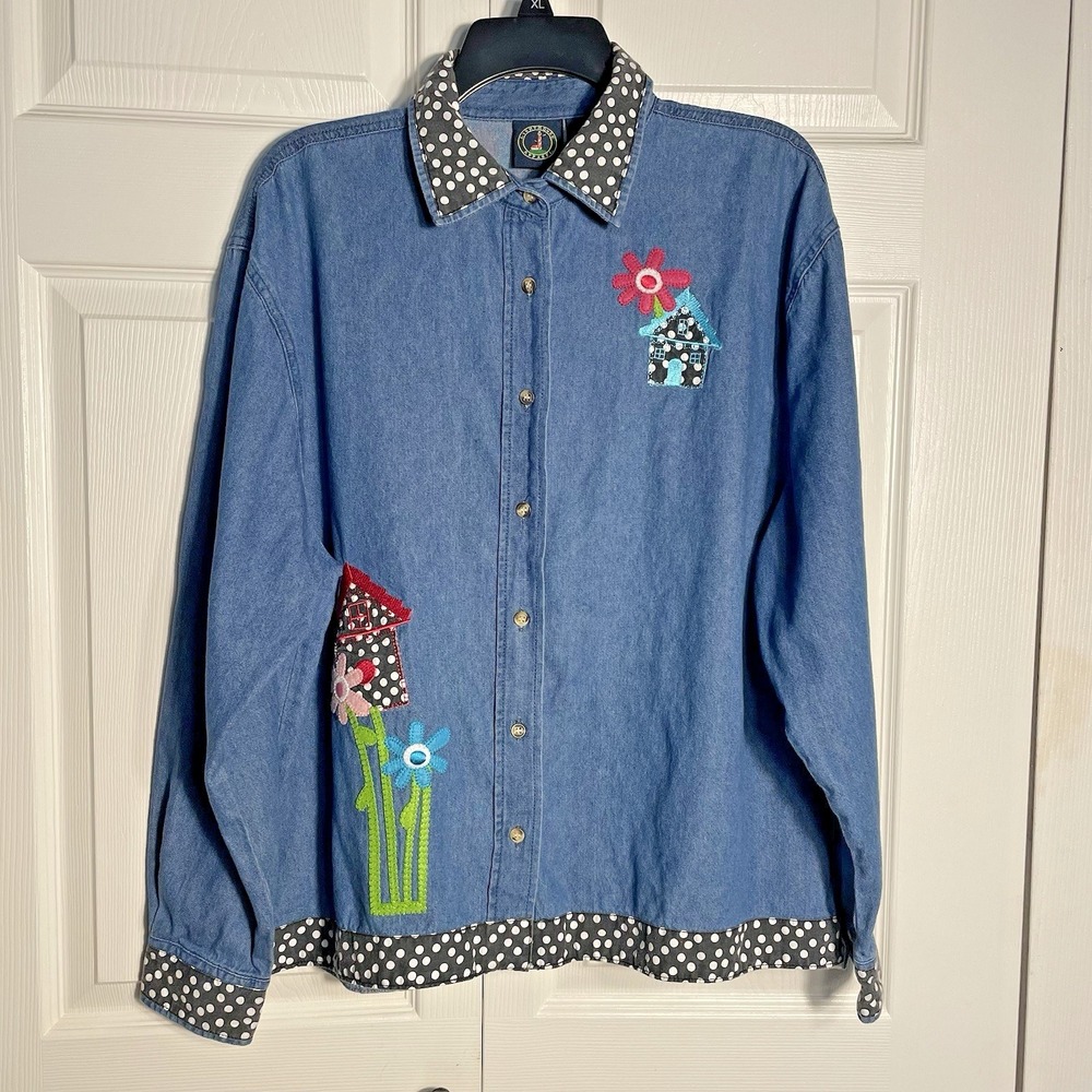 Vintage Lighthouse Apparel Shirt Women L Blue Y2K  Birdhouse Flowers Applique